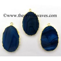 Blue Banded Agate Chalcedony Oval Shape Gold Electroplated Pendant 