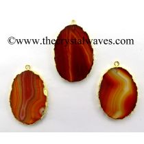 Red Banded Agate Chalcedony Oval Shape Gold Electroplated Pendant 