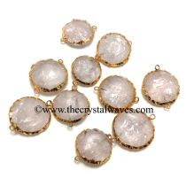 Rose Quartz Handknapped Round Disc Gold Electroplated Connector Pendant