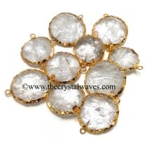 Crystal Quartz Handknapped Round Big Disc Gold Electroplated Connector Pendant