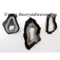 Black Banded Agate Chalcedony Geode Freeform Silver Electroplated Pendant