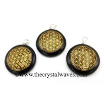 Black Agate Flower Of Life Fine Engraved Round Cabochon Pendant