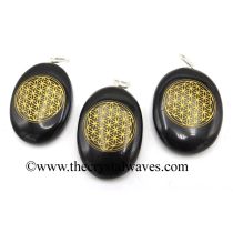 Black Agate Flower Of Life Fine Engraved Oval Cabochon Pendant