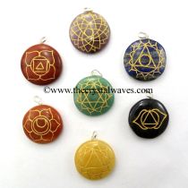 Round Cab Chakra Symbols Engraved Pendant Set