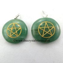 Green Aventurine Round Cab Pentagram Engraved Pendant