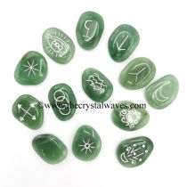 Green Aventurine (Light) Palmstone Witches Rune Set With Silver Writing