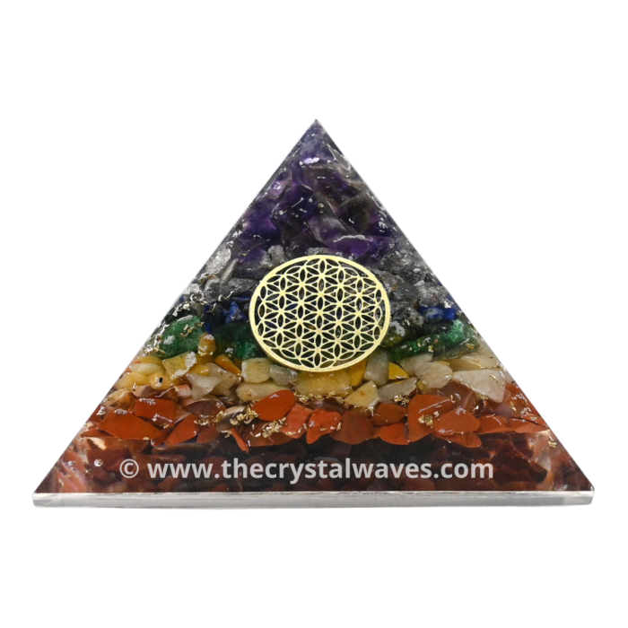 7 Chakra Layered Chips Orgone Pyramid With Flower Of Life Symbol