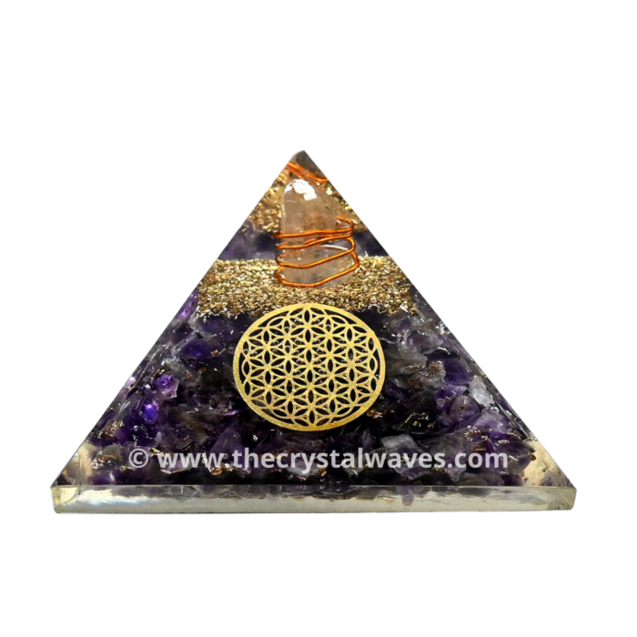 Amethyst Chips Orgone Pyramids With Flower Of Life & Copper Wrapped Crystal Point