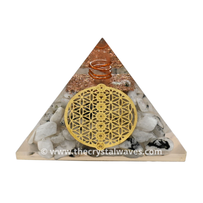 Rainbow Moonstone Chips Orgone Pyramid With Flower Of Life With Chakra Symbol