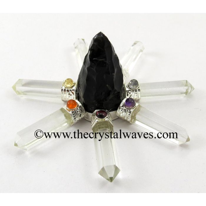 Black Obsidian Rough Point Crystal Pencil With Chakra Cabochon Energy Generator
