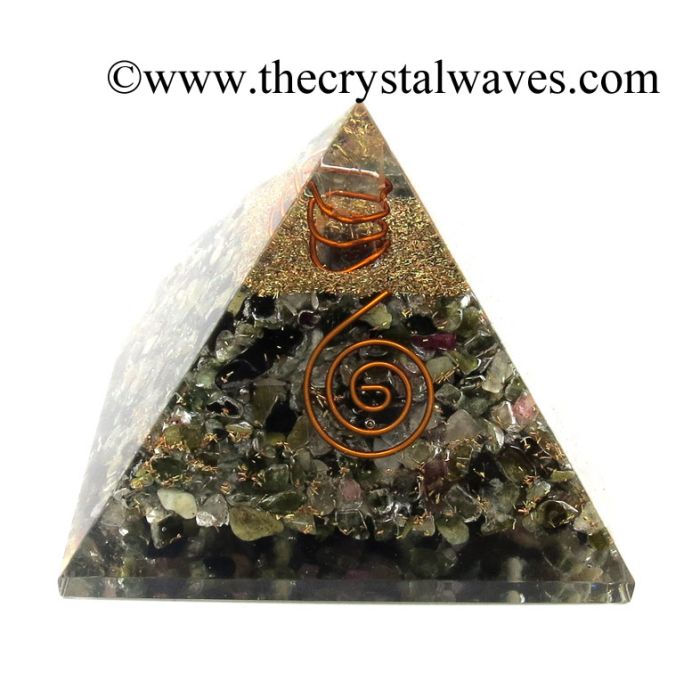Multi Tourmaline Chips Orgone Pyramids With Copper Wrapped Crystal Point
