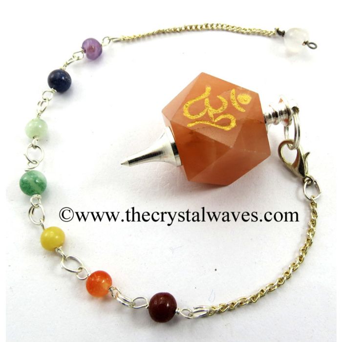 Peach Moonstone Om Engraved Hexagonal Pendulum With Chakra Chain