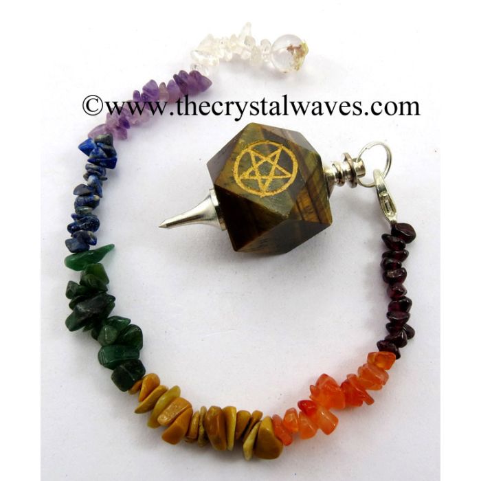 Tiger Eye Agate Pentacle Engraved Hexagonal Pendulum With Chakra Chips Chain