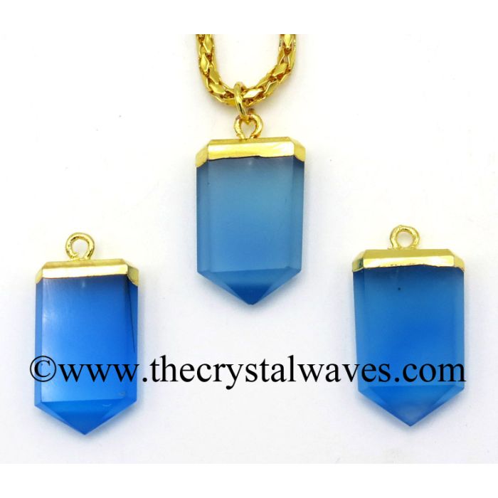 Blue Chalcedony / Onyx Small Flat Pencil Gold Electroplated Pendant