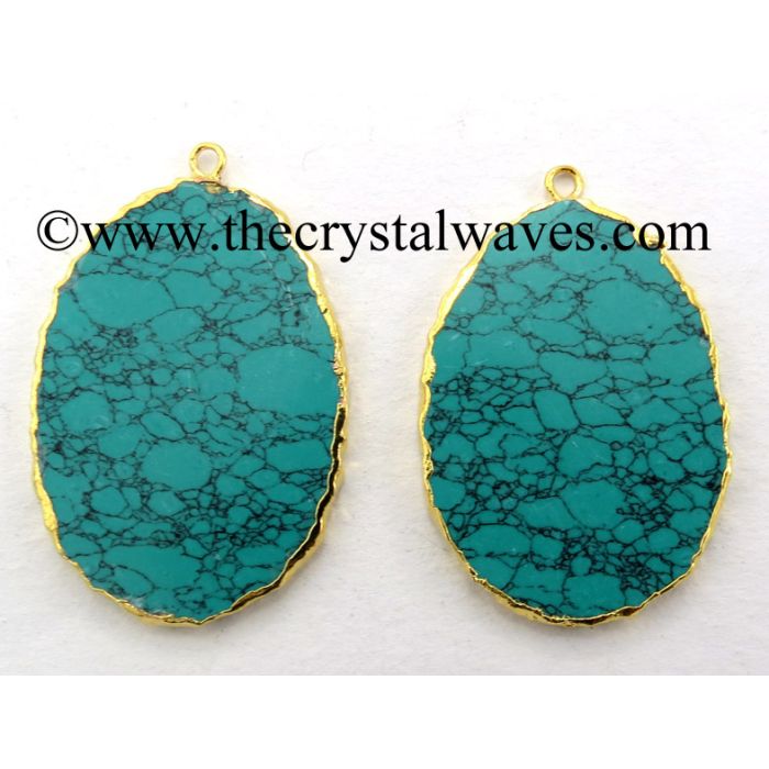 Tibetan Turquoise Manmade Flat Egg Shaped Oval Gold Electroplated Pendants