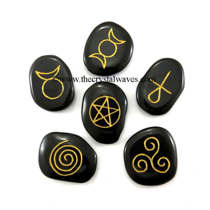 Black Agate Engraved Pagan / Wiccan Symbols