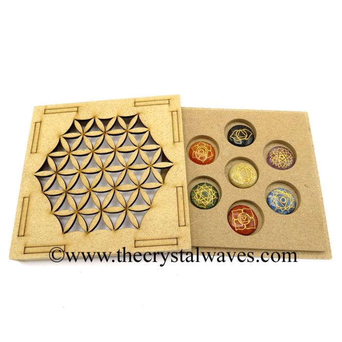 Chakra Symbol Engraved Round Cabochon Chakra Set with Flower Of Life Flat Wooden Box With Gemstone