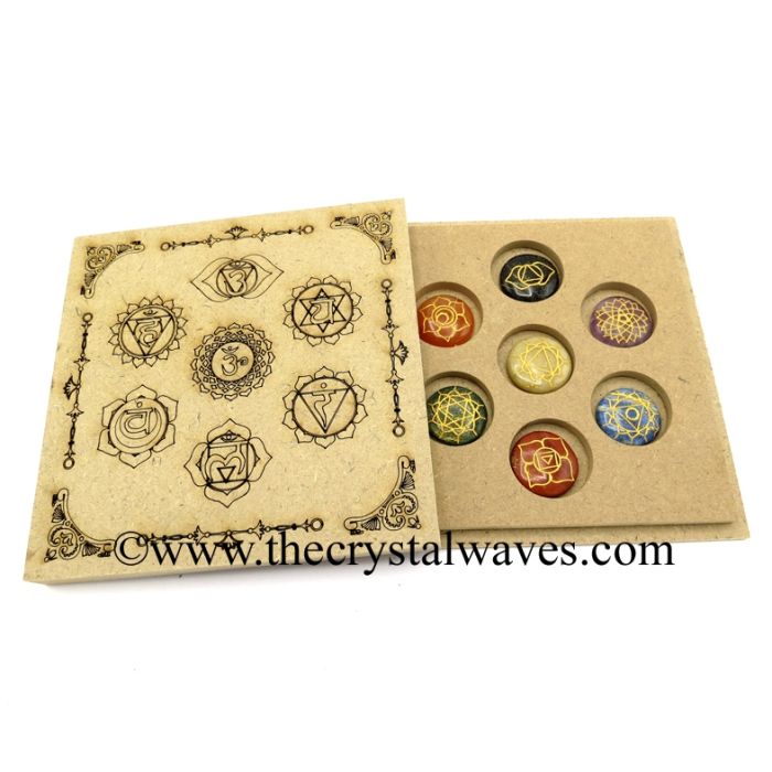 Chakra Symbols Engraved Round Cabochon Chakra Set with Chakra Engraved Flat Wooden Box With Gemstone 