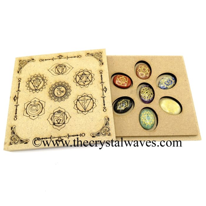 Chakra Symbols Engraved Oval Cabochon Chakra Set with Engraved Flat Wooden Box With Gemstone 