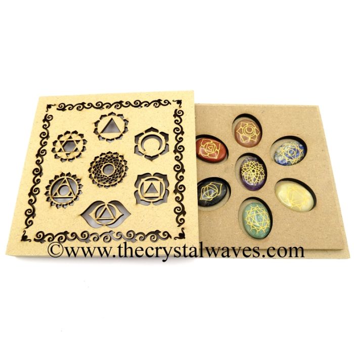 Chakra Symbols Engraved Oval Cabochon Chakra Set with Chakra Engraved Flat Wooden Box With Gemstone 