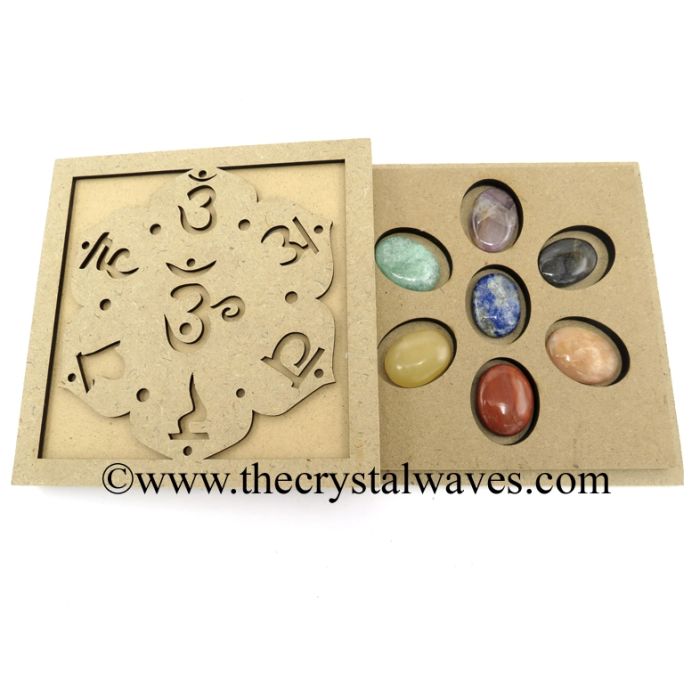 Chakra Symbol Engraved Oval Cabochon Chakra Set with Sanskrit Letters Engraved Flat Wooden Box With Gemstone 