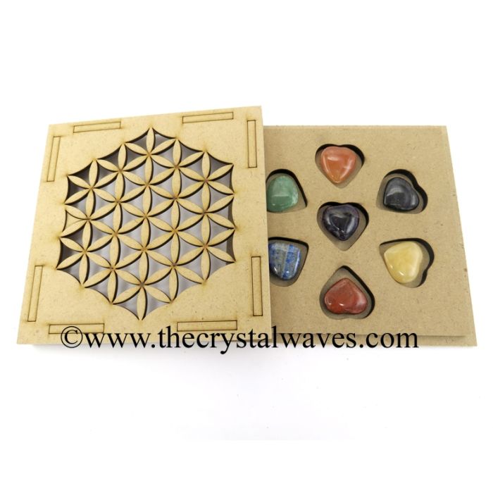Pub Heart Chakra Set with Flower Of Life Engraved Flat Wooden Box With Gemstone 