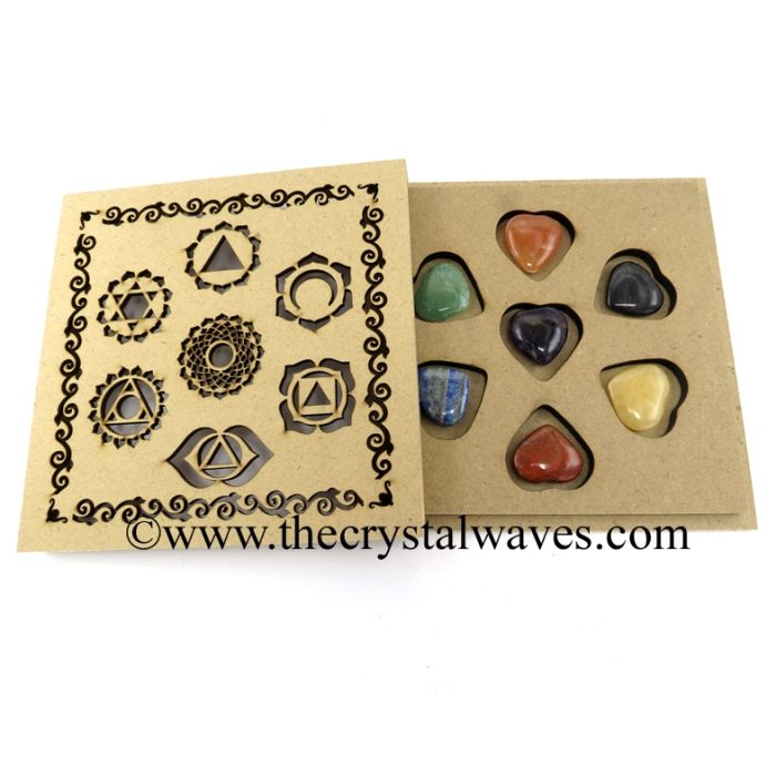 Pub Heart Chakra Set with Chakra Symbols Engraved Flat Wooden Box With Gemstone 