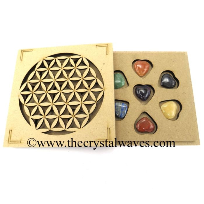 Pub Heart Chakra Set with Flower of Life Engraved Flat Wooden Box with Gemstone 