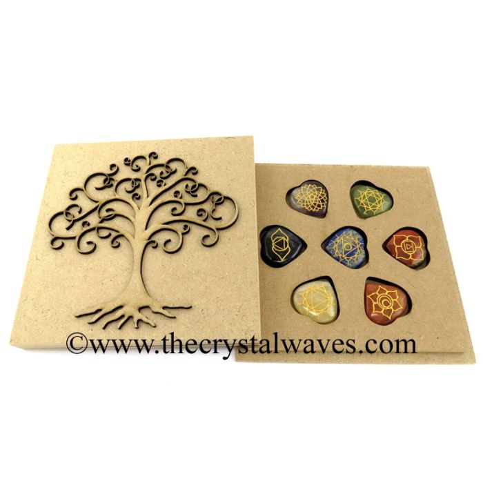 Chakra Symbols Engraved Pub Heart Chakra Set With Tree Of Life Flat Wooden Box Gemstone