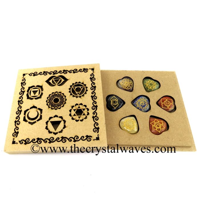 Chakra Symbols Engraved Pub Heart Chakra Set with  Chakra Engraved Flat Wooden Box with Gemstone