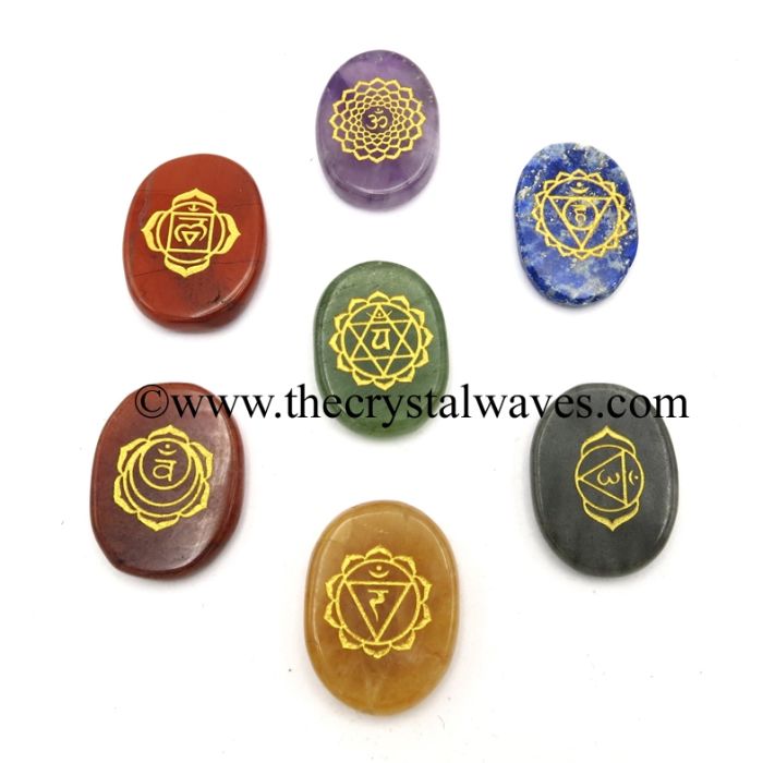 Fine Engraved Chakra Symbols With Chakra Letters Oval Cabochon Chakra Set