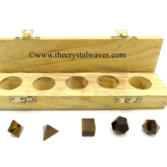 Tiger Eye Agate Geometry Set -  5 Pc With Wooden Box