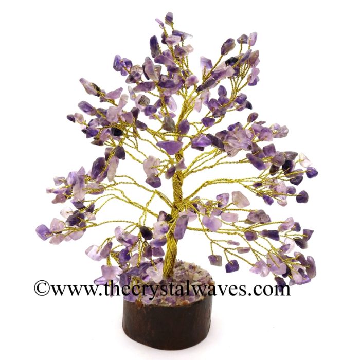 Amethyst 100 Chips Golden Wire Gemstone Tree With Wooden Base