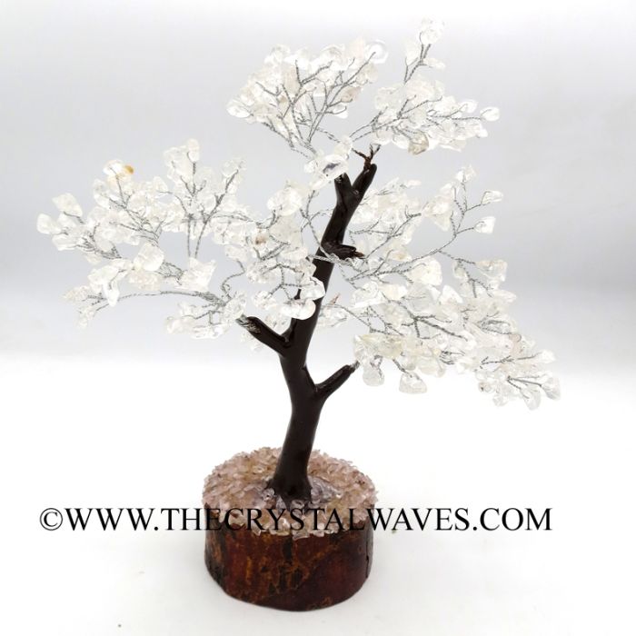 Crystal Quartz 400 Chips Brown Bark Silver Wire Gemstone Tree With Wooden Base