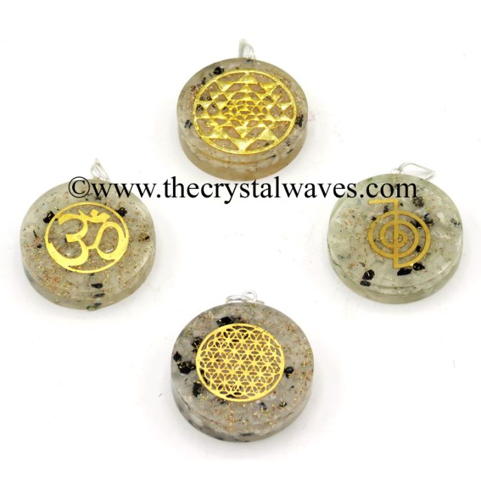 Rainbow Moonstone Chips With Mix Assorted Symbols Round Orgone Disc Pendant