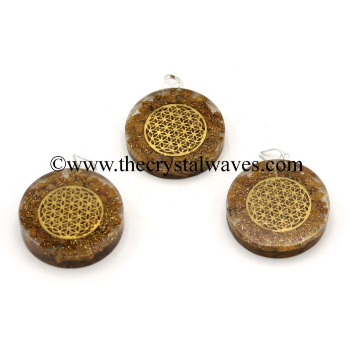 Yellow Aventurine Chips With Flower Of Life Symbols Round Orgone Disc Pendant
