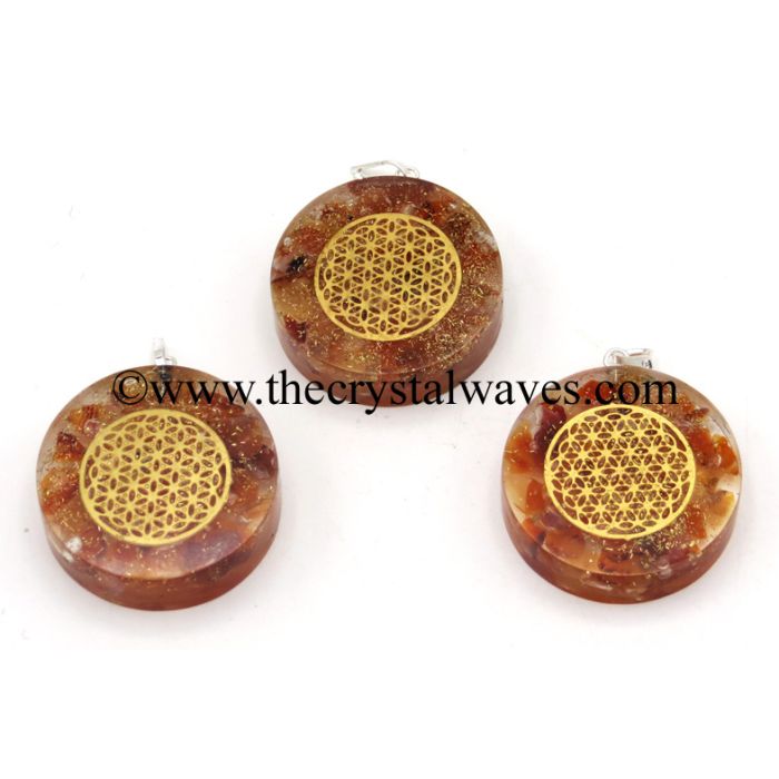 Carnelian Chips With Flower Of Life Symbols Round Orgone Disc Pendant