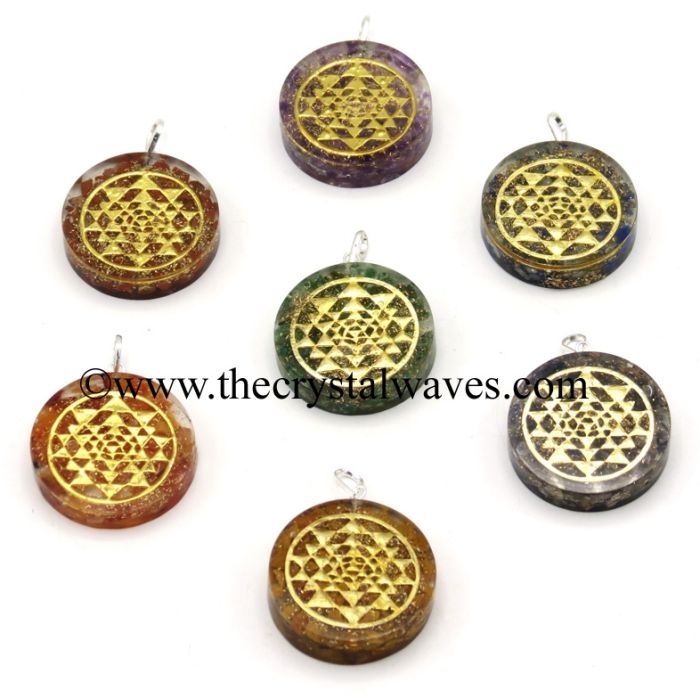 Orgone Chakra Set Pendant With Yantra Symbols Round  Disc