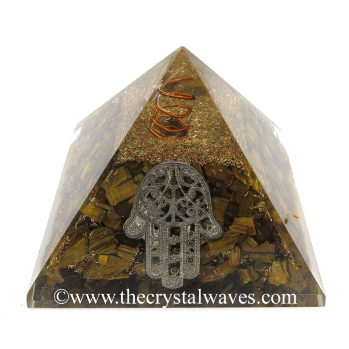 Tiger Eye Agate Chips Orgone Pyramid With Hamsa Symbol