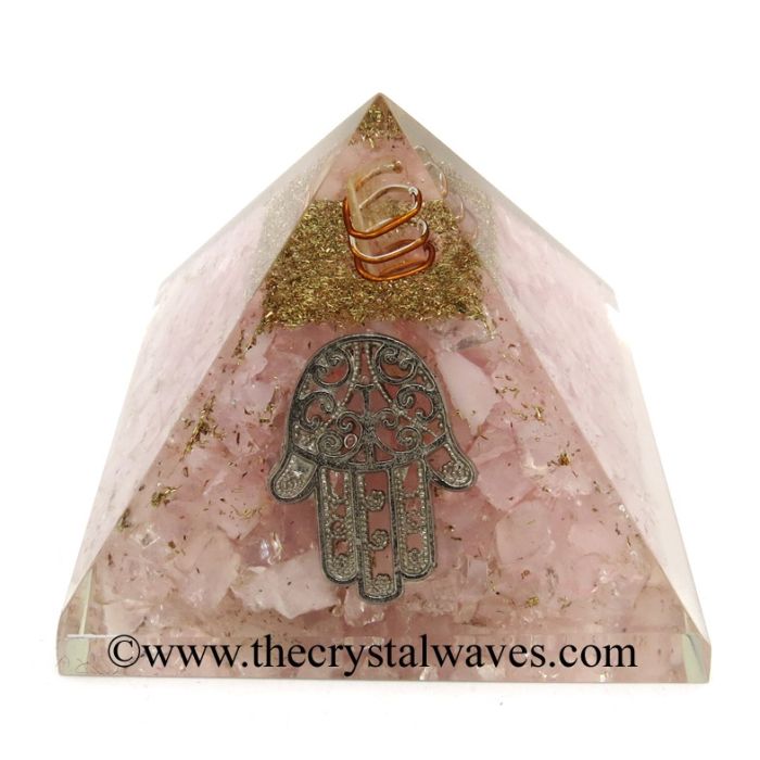 Rose Quartz Chips Orgone Pyramid With Hamsa Symbol