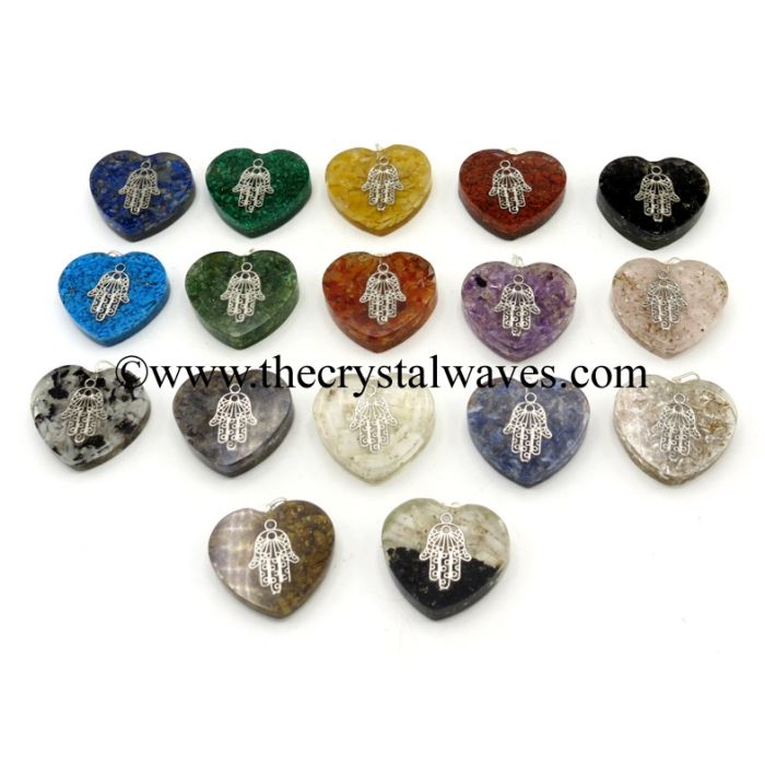 Mix Assorted Gemstone Chips With Hamsa Symbol Heart Shape Orgone Pendant