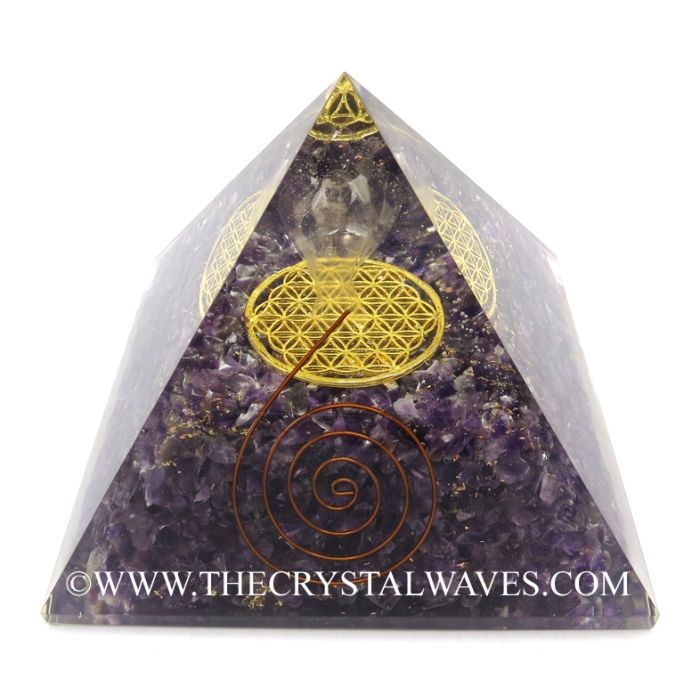 Amethyst Chips Big  Orgone Pyramid With Crystal Quartz Angel And Flower Of Life