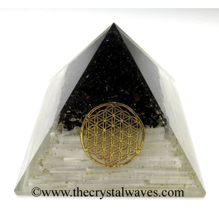 Black Tourmaline & Selenite Chips Big Orgone Pyramids With Flower Of Life & Copper Wrrapped Crystal Point