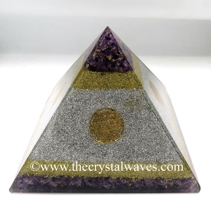 White Metal & Amethyst Chips Big Orgone Pyramids With Flower Of Life & Copper Wrrapped