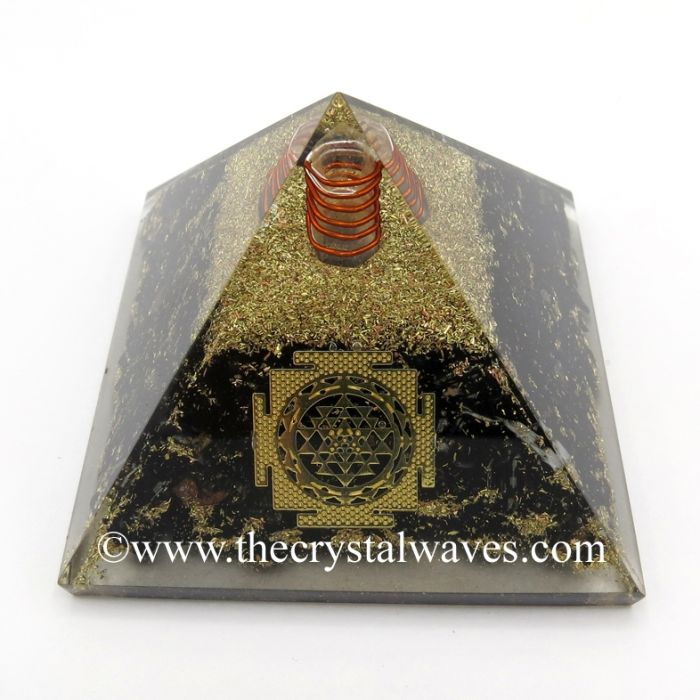 Black Tourmaline Chips Orgone Pyramid With Meru Shreeyantra Symbol