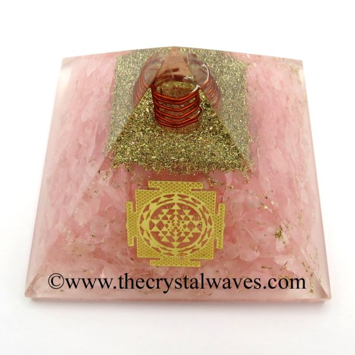 Rose Quartz Chips Orgone Pyramid With Meru Shreeyantra Symbol