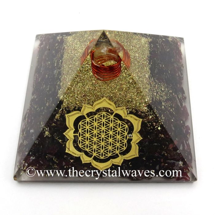 Garnet Chips Orgone Pyramid With Lotus Flower Of Life Symbol