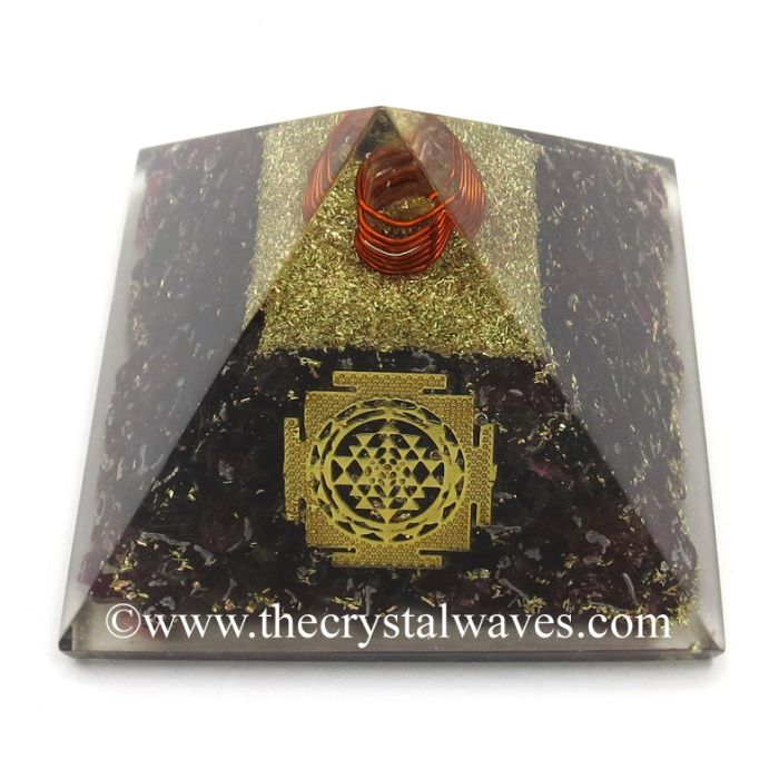Garnet Chips Orgone Pyramid With Meru Shreeyantra Symbol