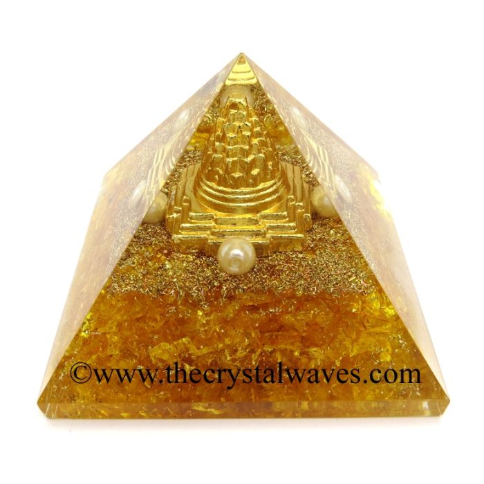 Citrine Dyed Quartz Chips Orgone Pyramid With Meru Shreeyantra