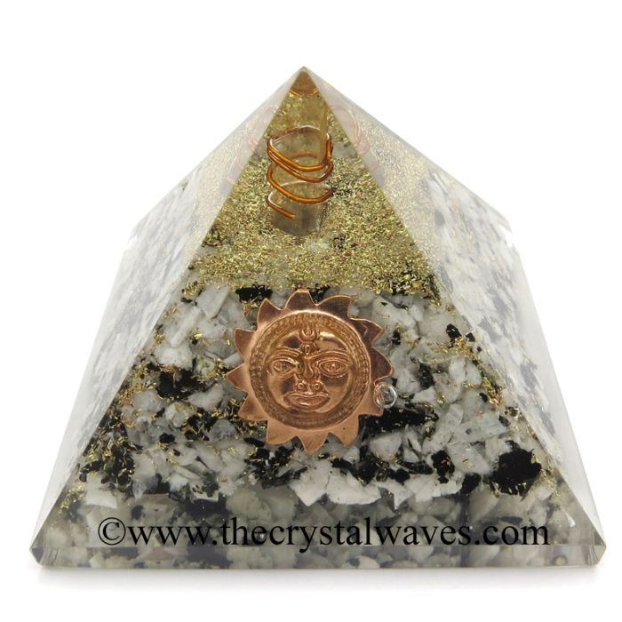 Rainbow Moonstone Chips Orgone Pyramid With Sun Symbol